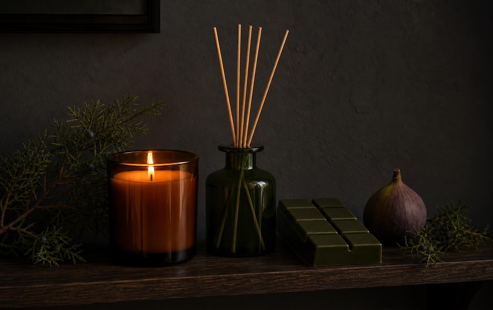 Juniper & Wick candle and reed diffuser styled on a dark shelf