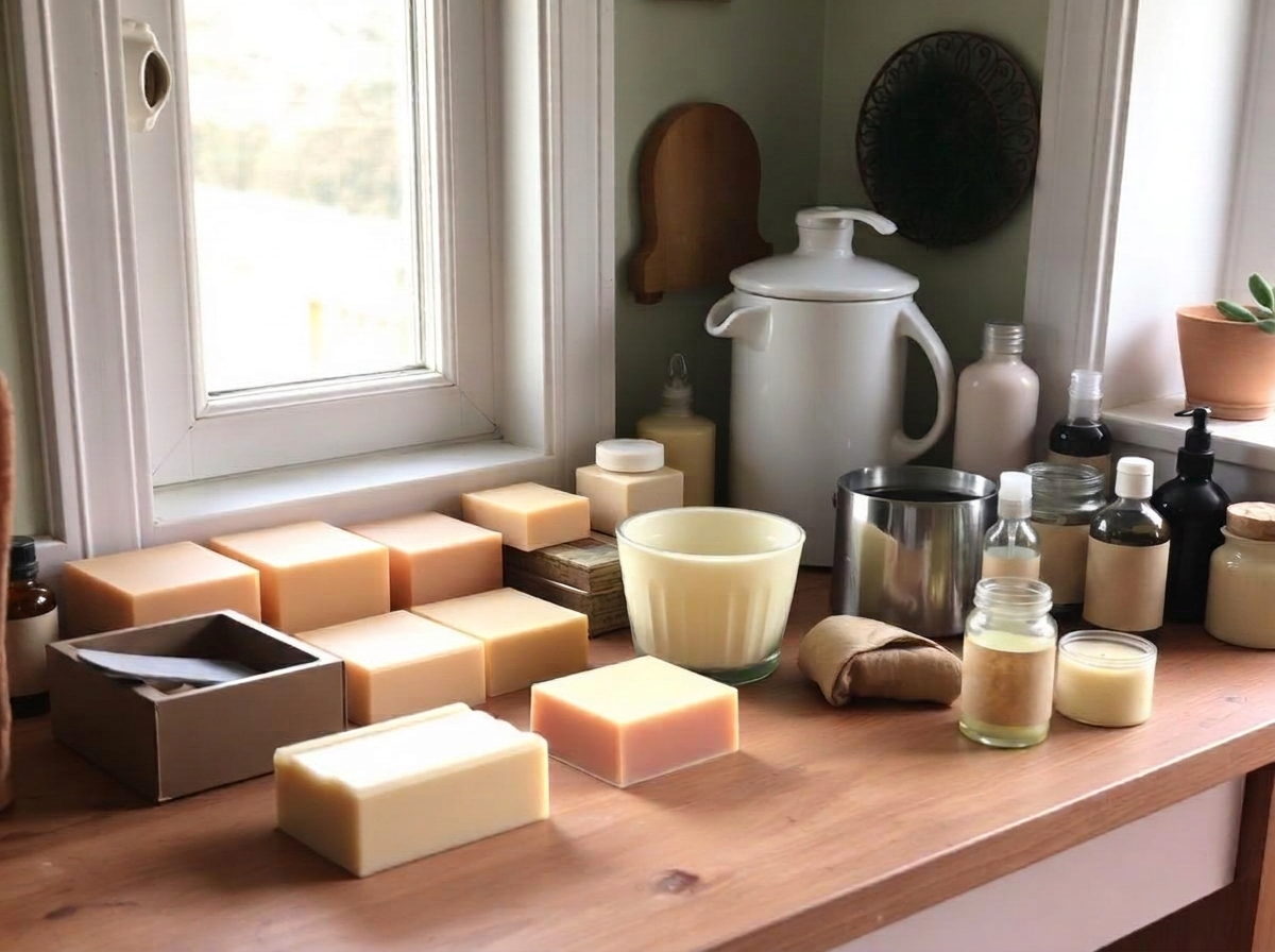 Robyn's home studio worktop with soap moulds and curing bars