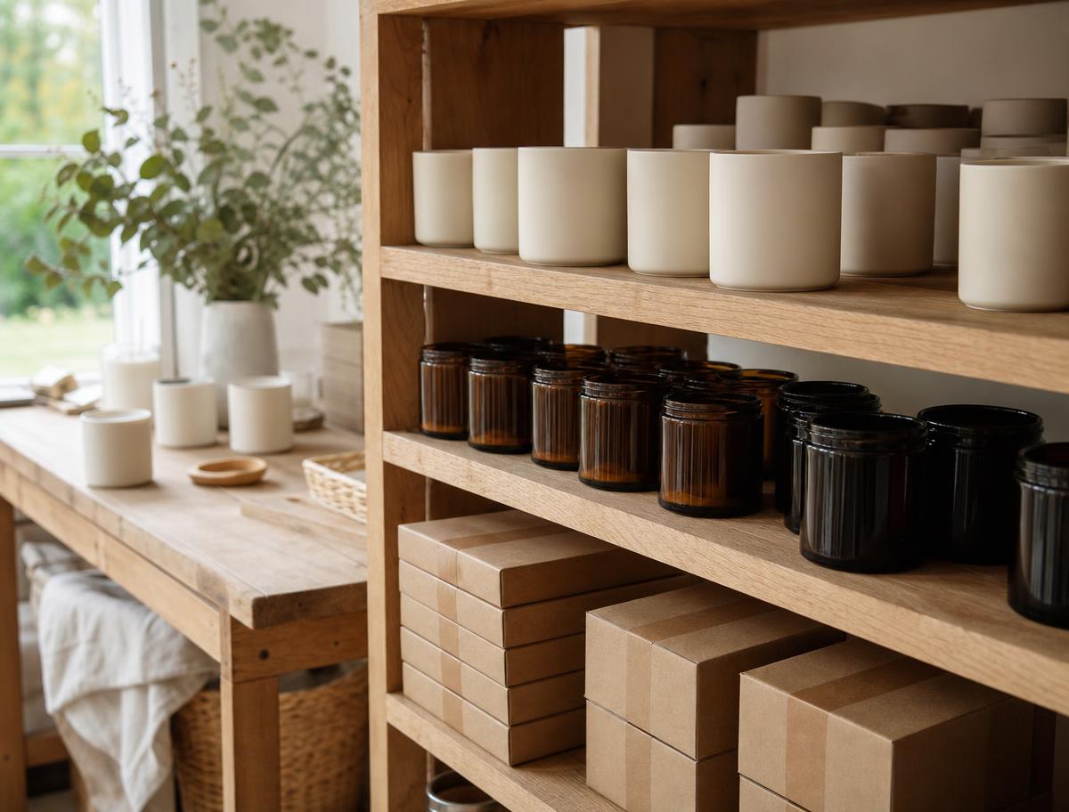 Shelves of candle vessels curing beside kraft boxes ready to post